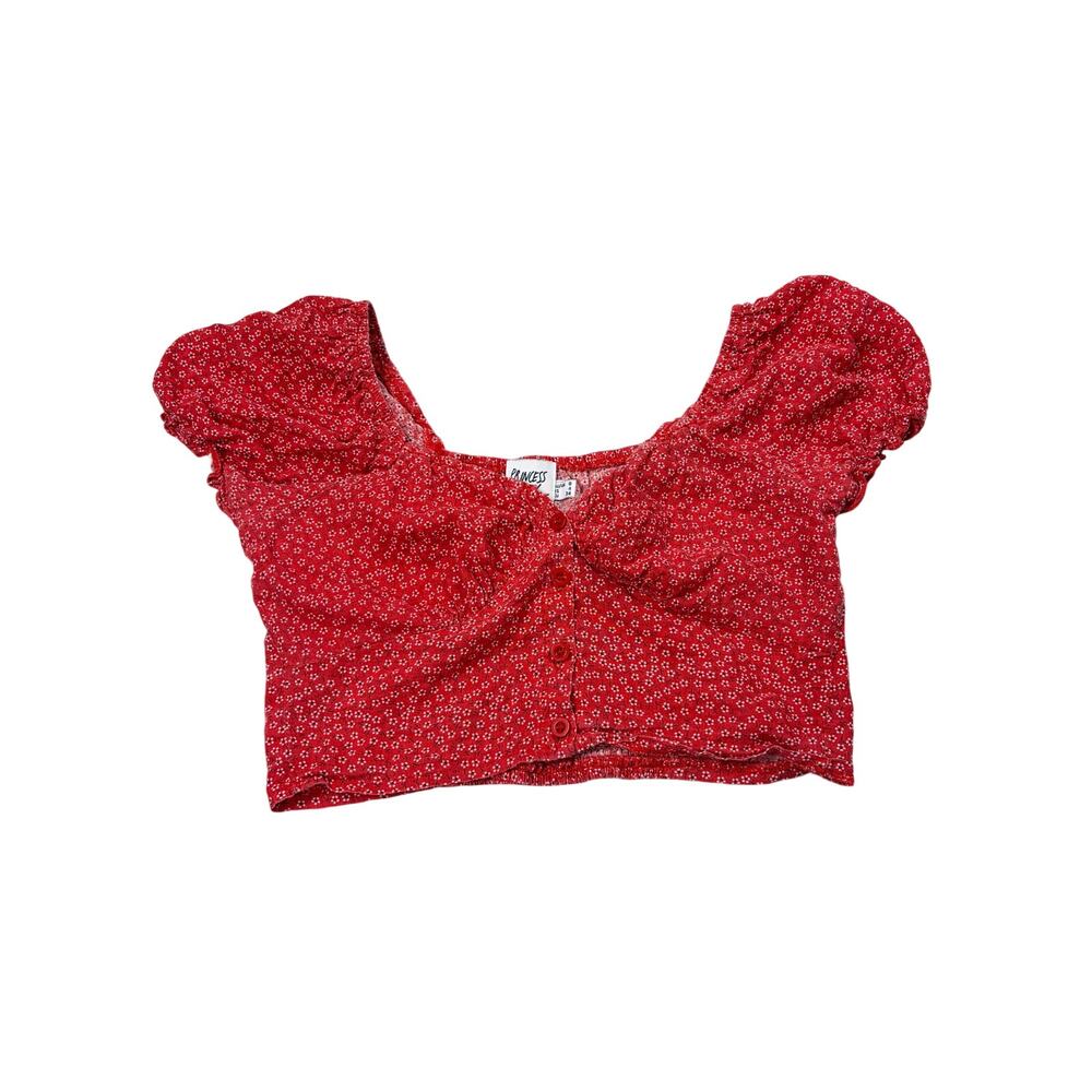 Princess Polly red daisy crop top, off shoulder sleeves, buttons. Size 4. boho